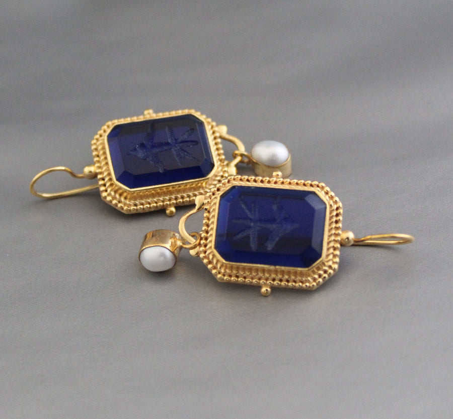 Indigo Blue Intaglio Earrings, Victorian Style, 18K Gold, photo 7