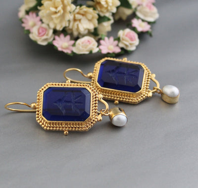Indigo Blue Intaglio Earrings, Victorian Style, 18K Gold, photo 6