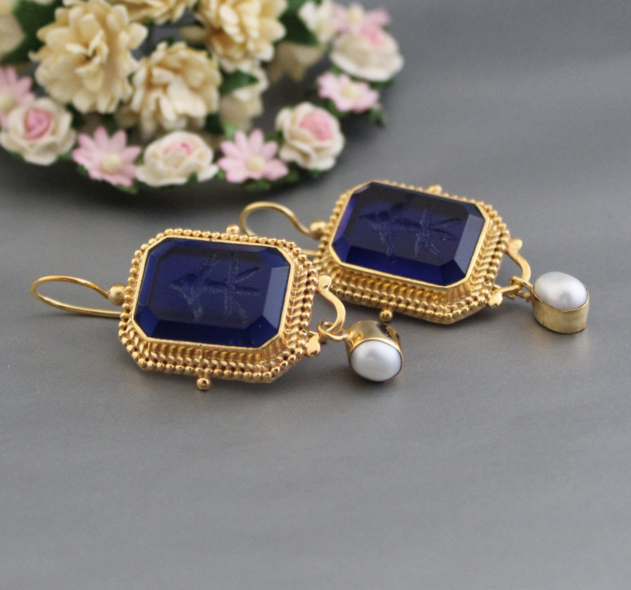 Indigo Blue Intaglio Earrings, Victorian Style, 18K Gold