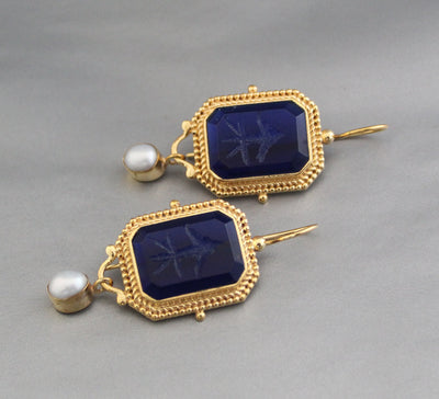 Indigo Blue Intaglio Earrings, Victorian Style, 18K Gold, photo 2