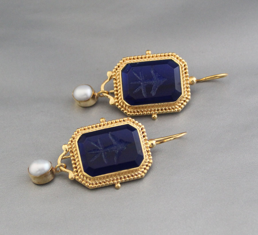 Indigo Blue Intaglio Earrings, Victorian Style, 18K Gold, photo 2