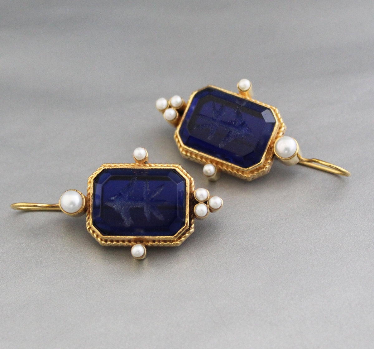 Blue Intaglio Crystal Earrings, Antique Victorian Style, photo 7