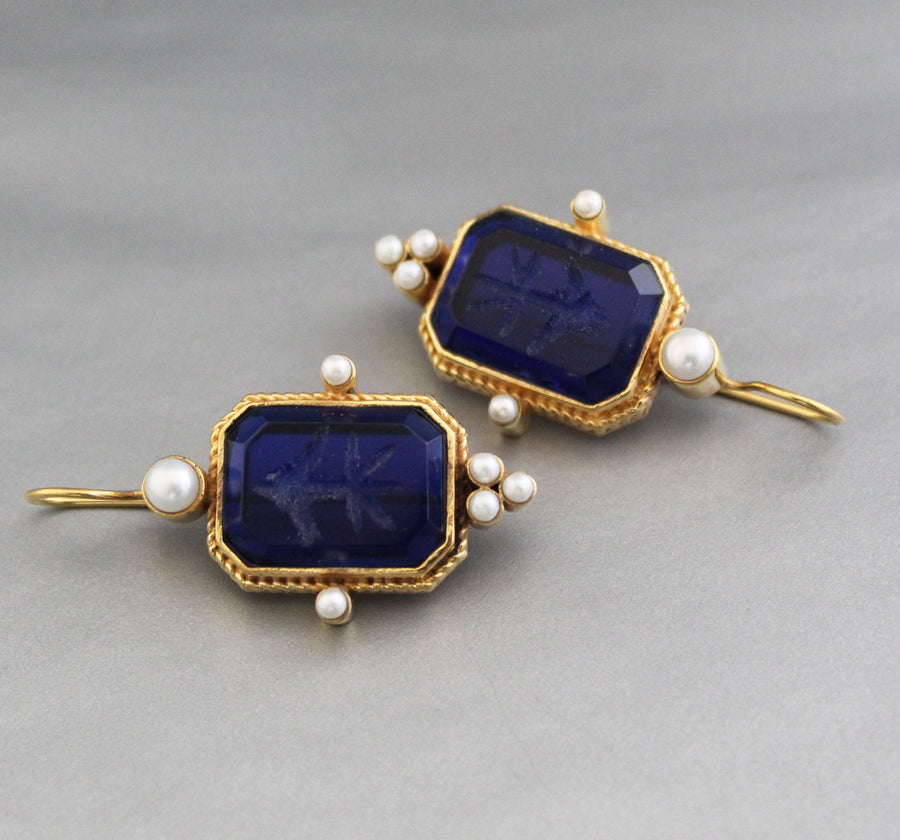 Blue Intaglio Crystal Earrings, Antique Victorian Style, photo 7