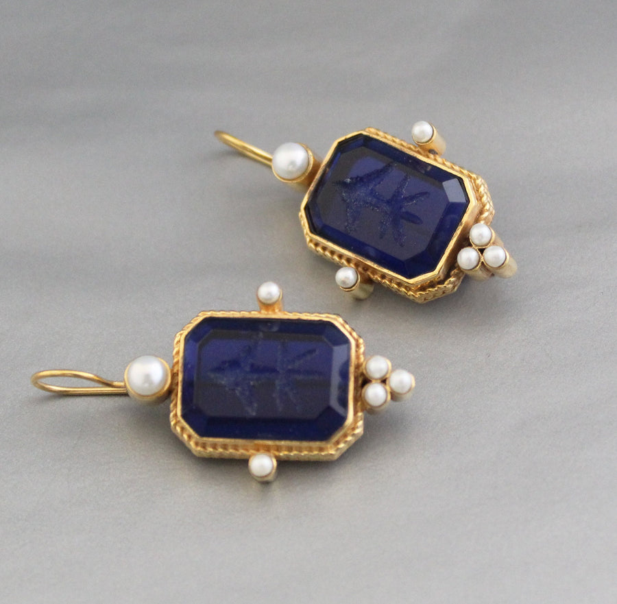 Blue Intaglio Crystal Earrings, Antique Victorian Style, photo 2