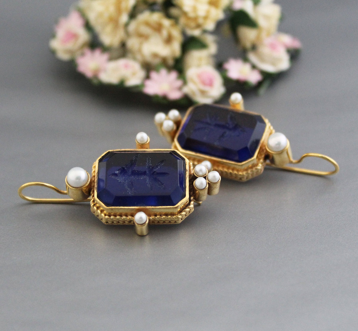 Blue Intaglio Crystal Earrings, Antique Victorian Style