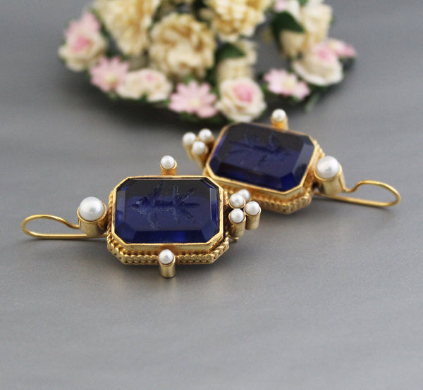 Blue Intaglio Crystal Earrings, Antique Victorian Style