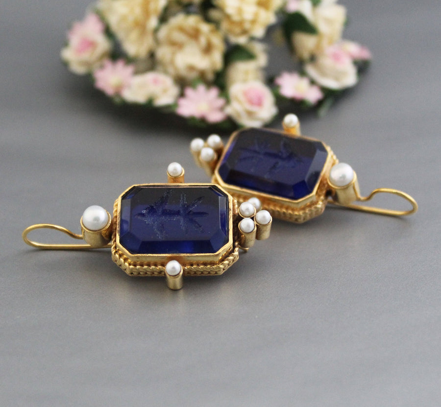 Blue Intaglio Crystal Earrings, Antique Victorian Style
