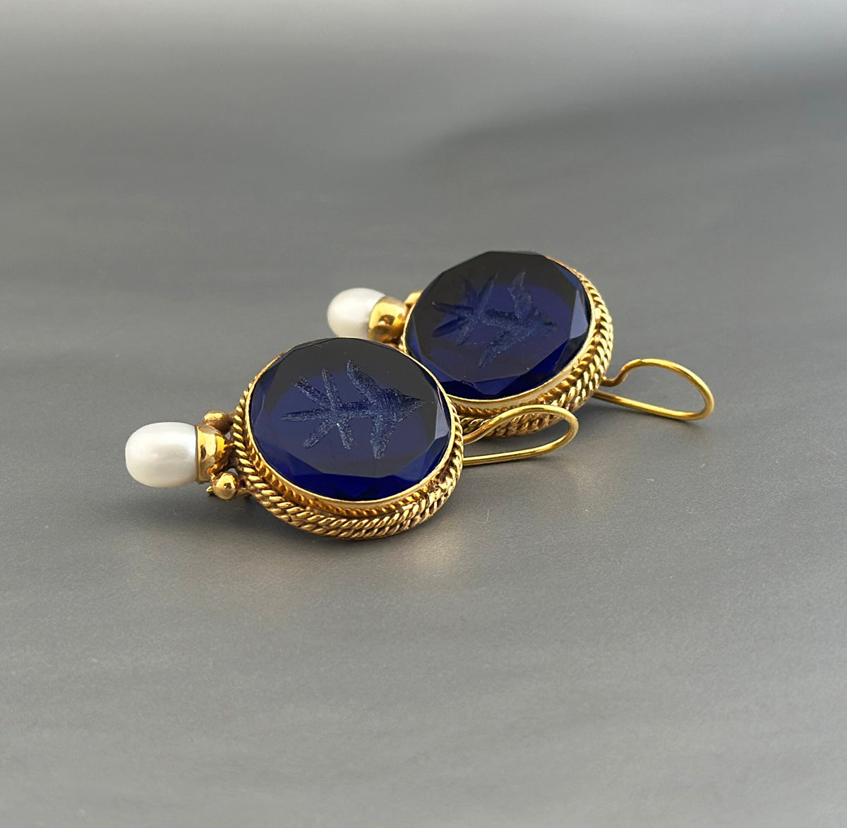 Sapphire Blue Intaglio Earrings, Victorian Drops, Antique Brass, photo 7