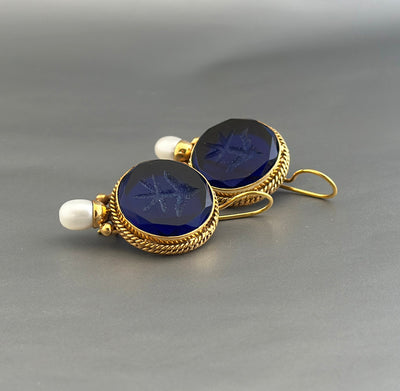 Sapphire Blue Intaglio Earrings, Victorian Drops, Antique Brass, photo 7
