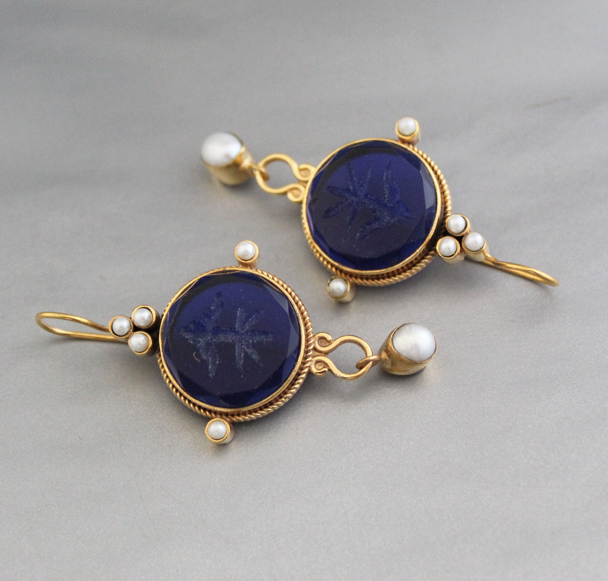 Blue Glass Intaglio Earrings, Vintage Bridal Pearl Drops, Brass, photo 2