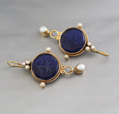 Blue Glass Intaglio Earrings, Vintage Bridal Pearl Drops, Brass, photo 2