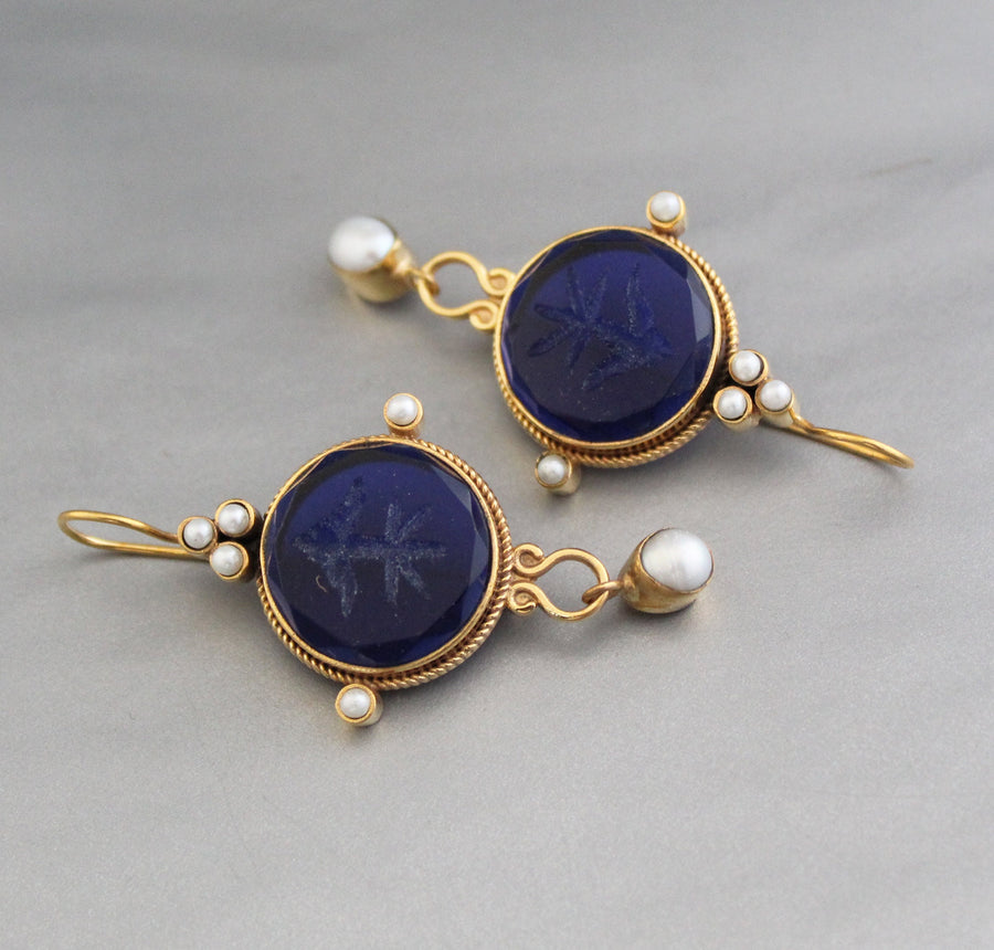 Blue Glass Intaglio Earrings, Vintage Bridal Pearl Drops, Brass, photo 2