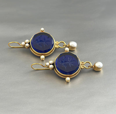 Blue Glass Intaglio Earrings, Vintage Bridal Pearl Drops, Brass, photo 7
