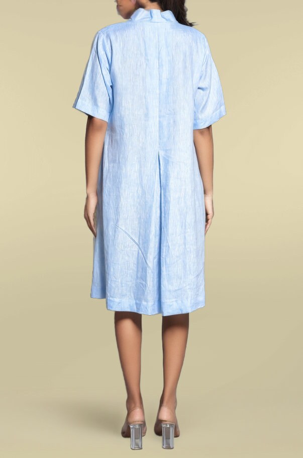 Loose Linen V-Neck Dress, Half Sleeve Flowy Dress with Pockets, Handmade Linen Midi Dress: Relaxed Fit V-Neck Tunic