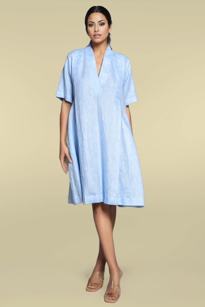Loose Linen V-Neck Dress, Half Sleeve Flowy Dress with Pockets, Handmade Linen Midi Dress: Relaxed Fit V-Neck Tunic