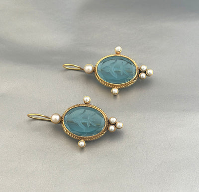 Blue Glass Intaglio Earrings, Victorian Style, 18K Gold Brass with Pearls, photo 9