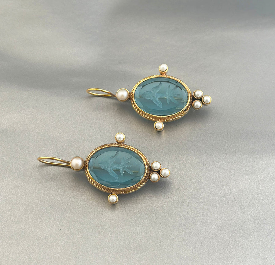 Blue Glass Intaglio Earrings, Victorian Style, 18K Gold Brass with Pearls, photo 9