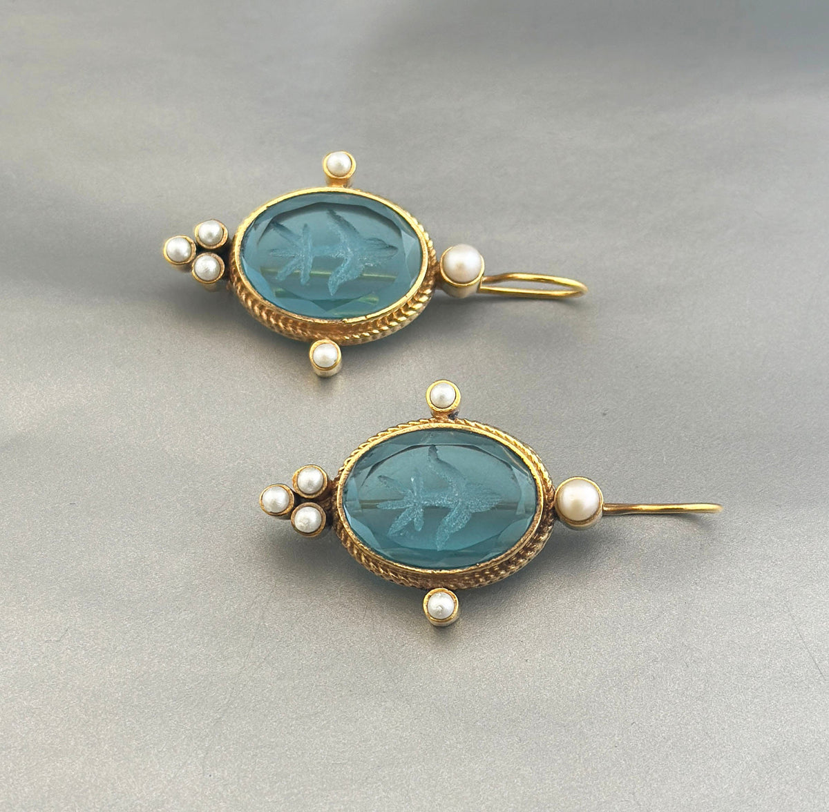 Blue Glass Intaglio Earrings, Victorian Style, 18K Gold Brass with Pearls, photo 8