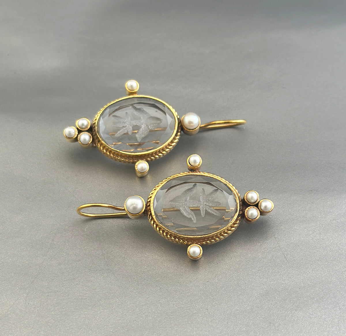 Clear Crystal Intaglio Earrings, Ancient Roman Style, 14K Gold, photo 6