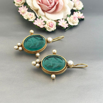 Green Glass Intaglio Earrings, Victorian Style Drops, Gold Vermeil, photo 11
