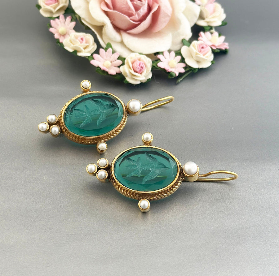 Green Glass Intaglio Earrings, Victorian Style Drops, Gold Vermeil, photo 11