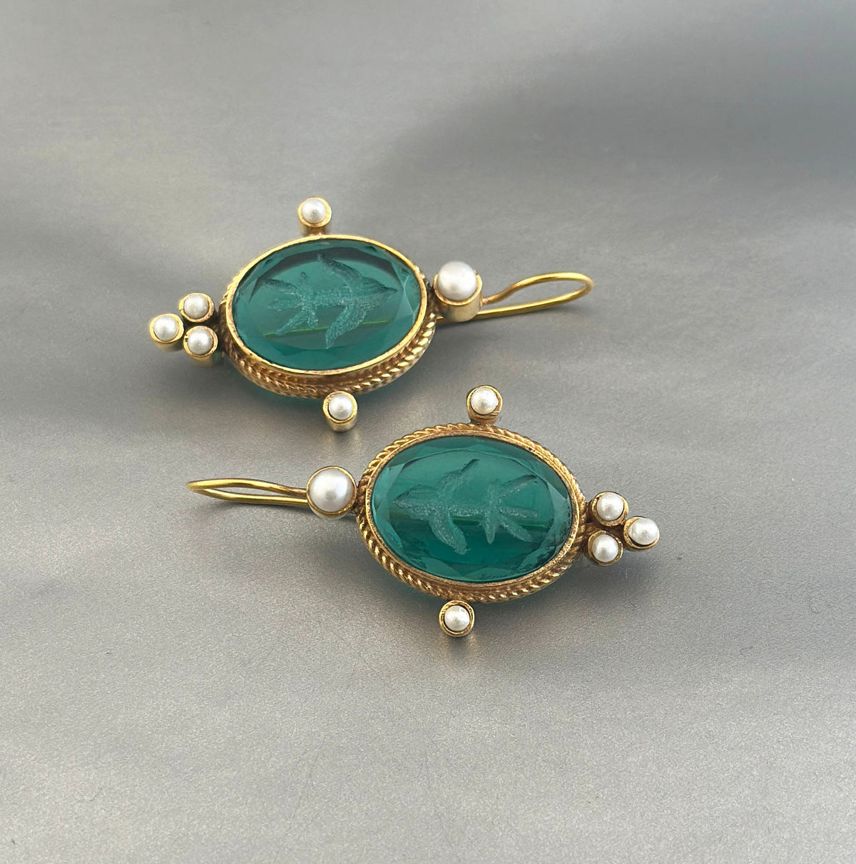 Green Glass Intaglio Earrings, Victorian Style Drops, Gold Vermeil, photo 12