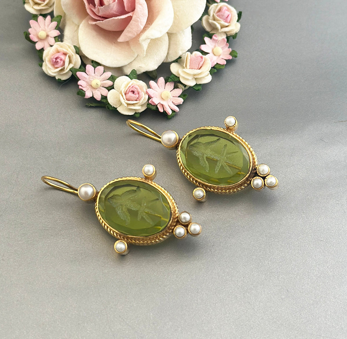 Green Intaglio Earrings, Victorian Style, Dainty Gold, photo 8