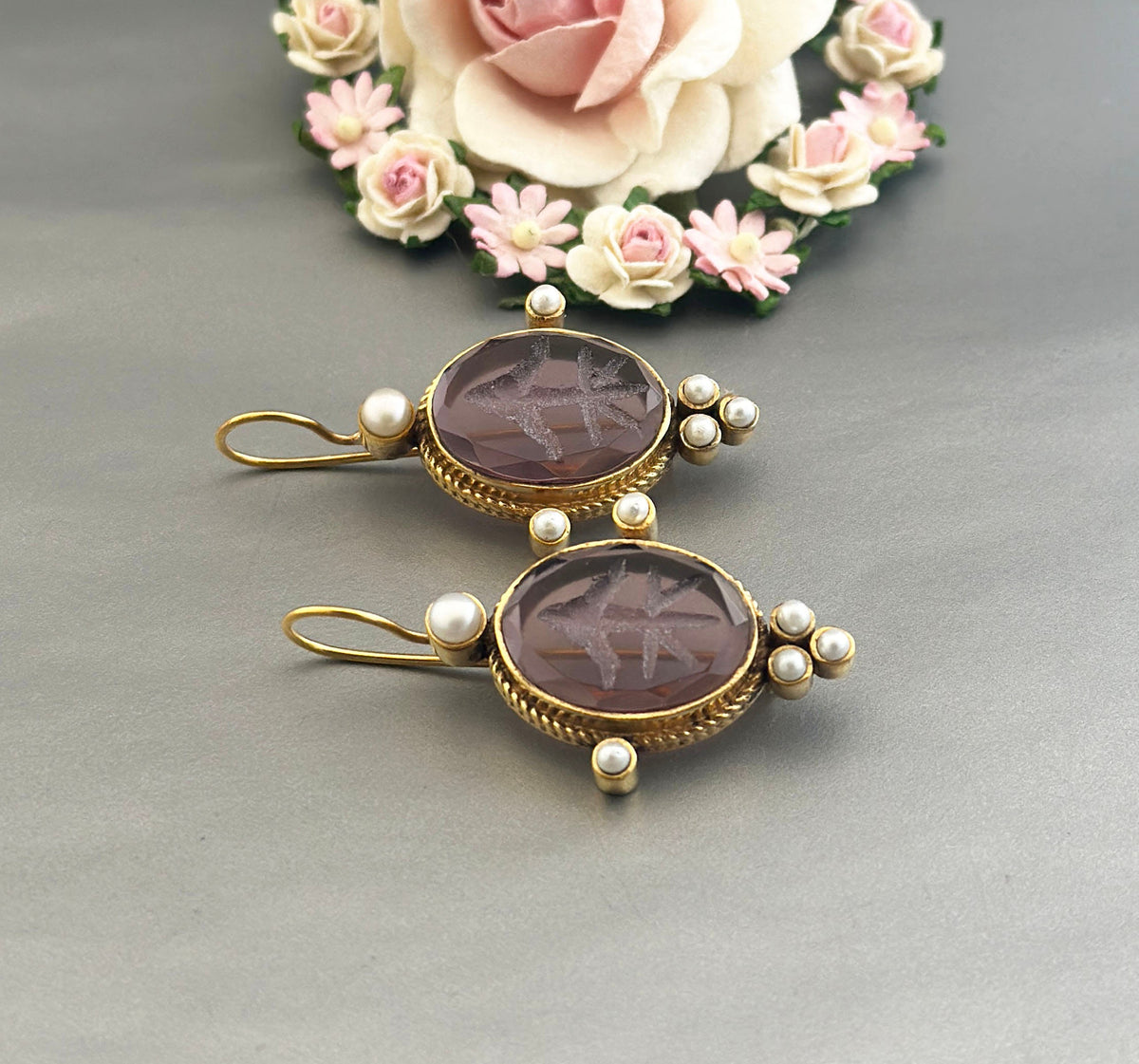 Amethyst Intaglio Earrings, Victorian Bridal Pearl Drops, photo 6