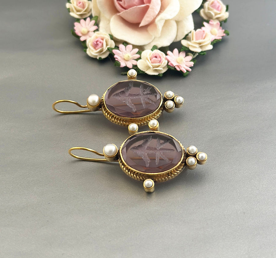 Amethyst Intaglio Earrings, Victorian Bridal Pearl Drops, photo 6