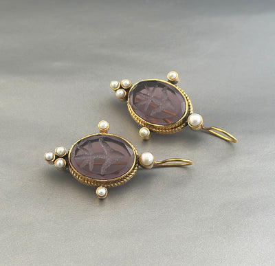 Amethyst Intaglio Earrings, Victorian Bridal Pearl Drops, photo 10