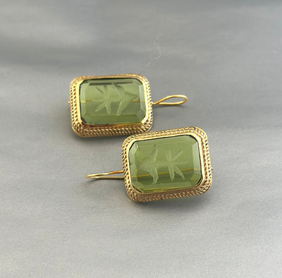 Green Glass Intaglio Earrings, Edwardian Art Deco Style, 18K Gold, photo 10