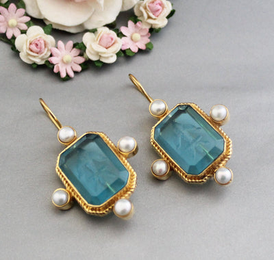 Blue Rectangular Intaglio Earrings, Victorian Bridal Style, Gold Plated, photo 6