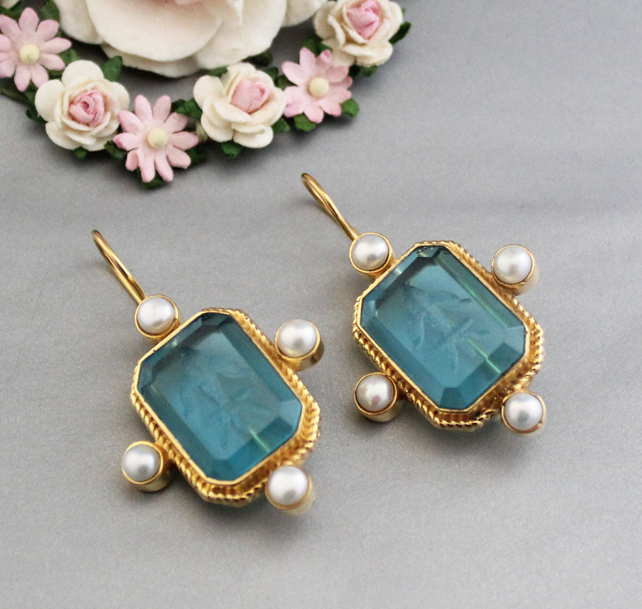 Blue Rectangular Intaglio Earrings, Victorian Bridal Style, Gold Plated, photo 6