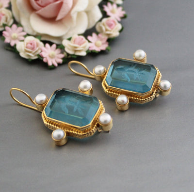 Blue Rectangular Intaglio Earrings, Victorian Bridal Style, Gold Plated, photo 2