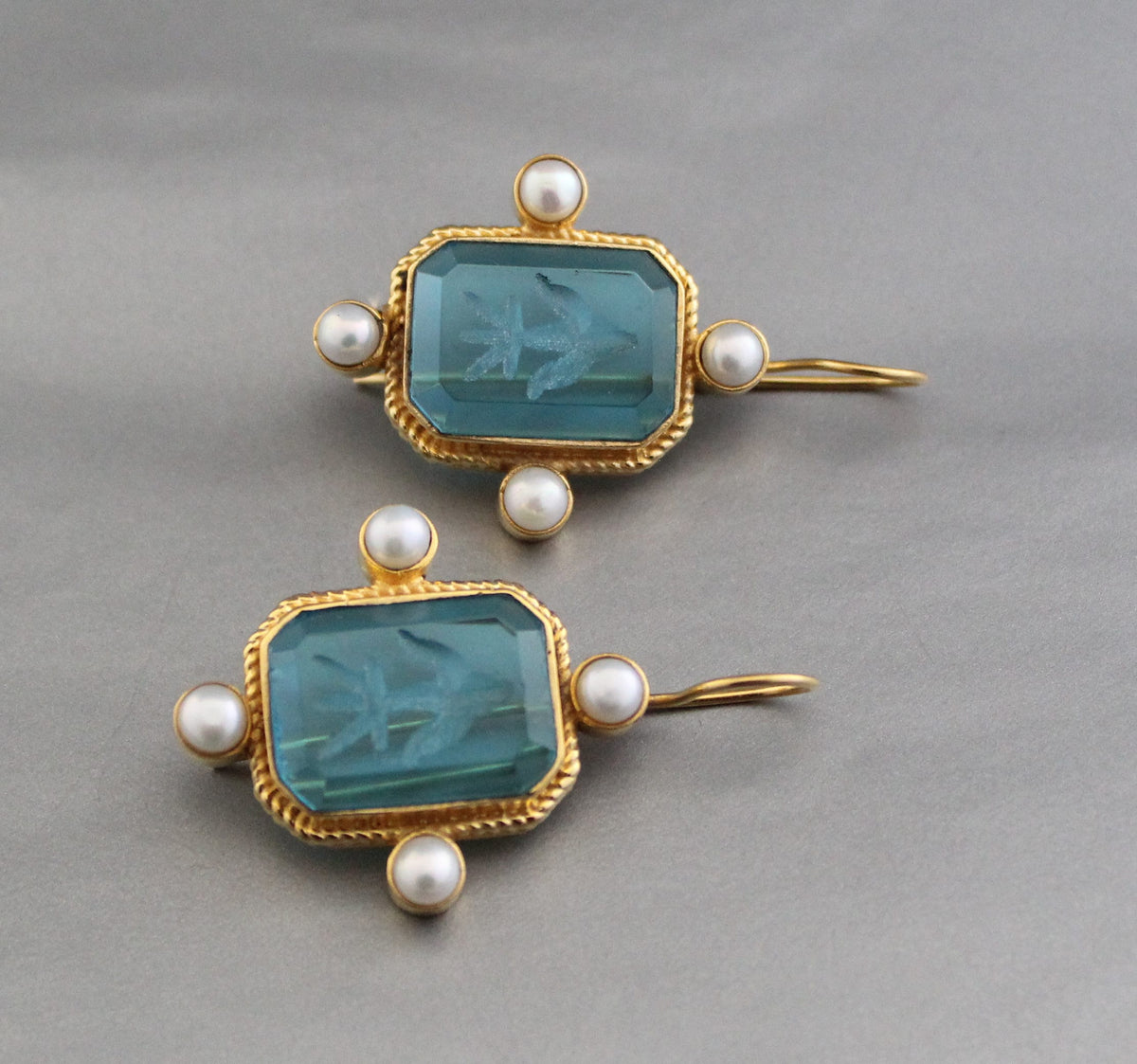 Blue Rectangular Intaglio Earrings, Victorian Bridal Style, Gold Plated, photo 8