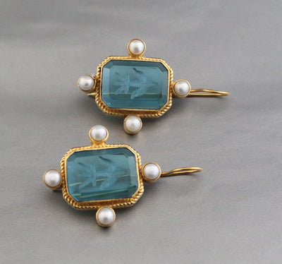 Blue Rectangular Intaglio Earrings, Victorian Bridal Style, Gold Plated, photo 8