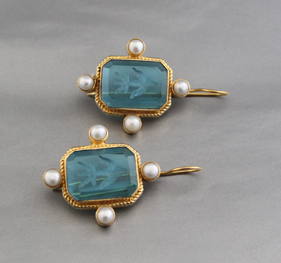 Blue Rectangular Intaglio Earrings, Victorian Bridal Style, Gold Plated, photo 8