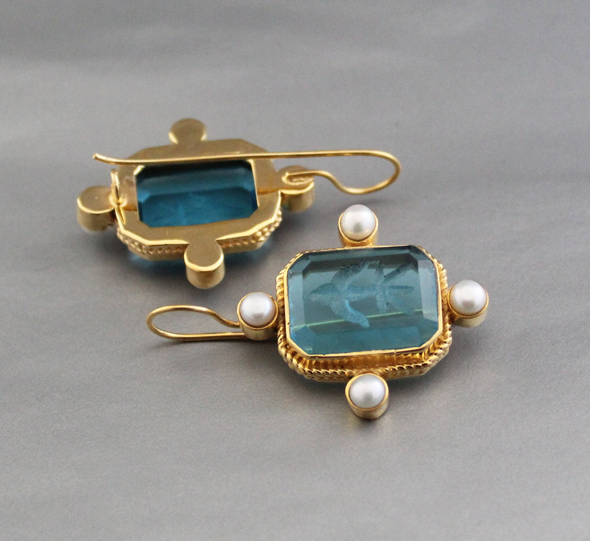 Blue Rectangular Intaglio Earrings, Victorian Bridal Style, Gold Plated, photo 7
