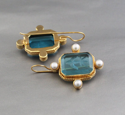 Blue Rectangular Intaglio Earrings, Victorian Bridal Style, Gold Plated, photo 7