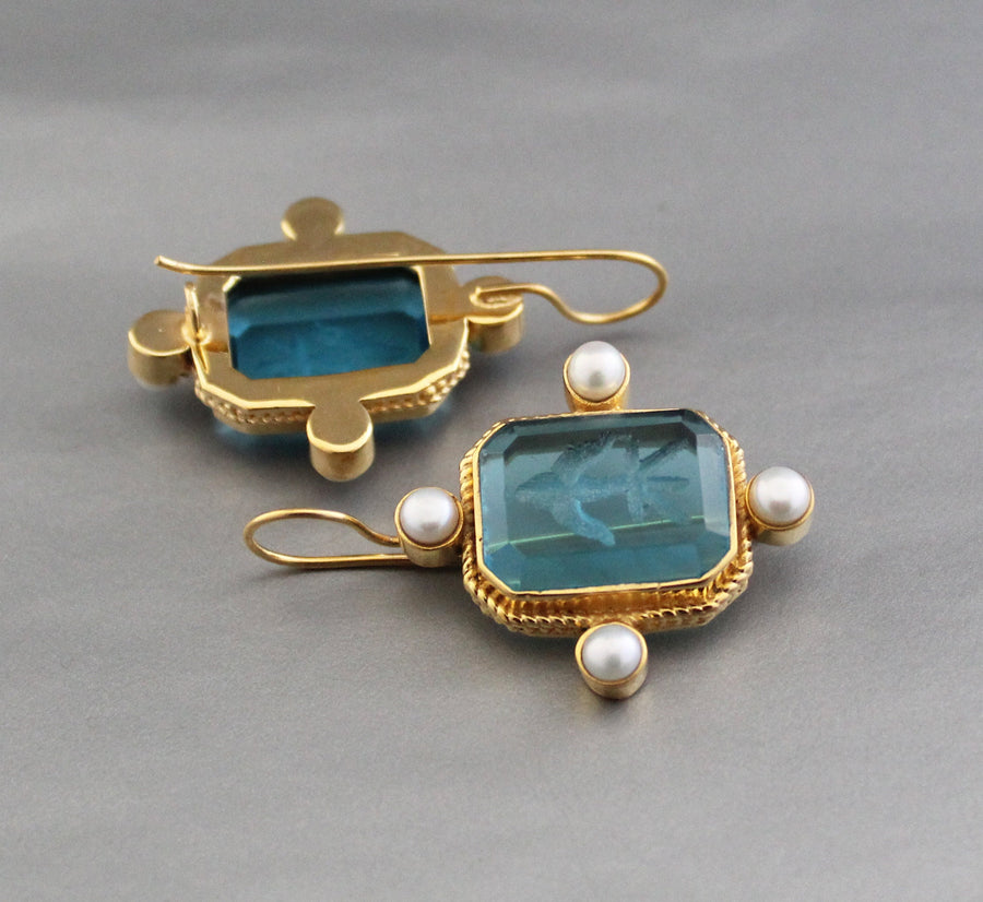 Blue Rectangular Intaglio Earrings, Victorian Bridal Style, Gold Plated, photo 7