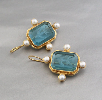 Blue Rectangular Intaglio Earrings, Victorian Bridal Style, Gold Plated, photo 10