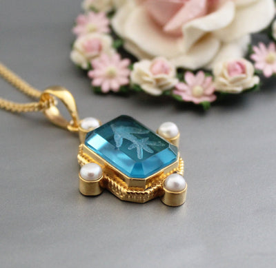 Blue Intaglio Pendant Necklace and Earrings Set, Vintage Cameo, 18K Gold Vermeil, photo 4