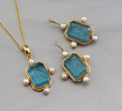Blue Intaglio Pendant Necklace and Earrings Set, Vintage Cameo, 18K Gold Vermeil, photo 2