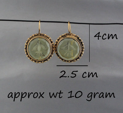 Yellow Intaglio Glass Earrings, Victorian Bridal Dangles, Brass, photo 3