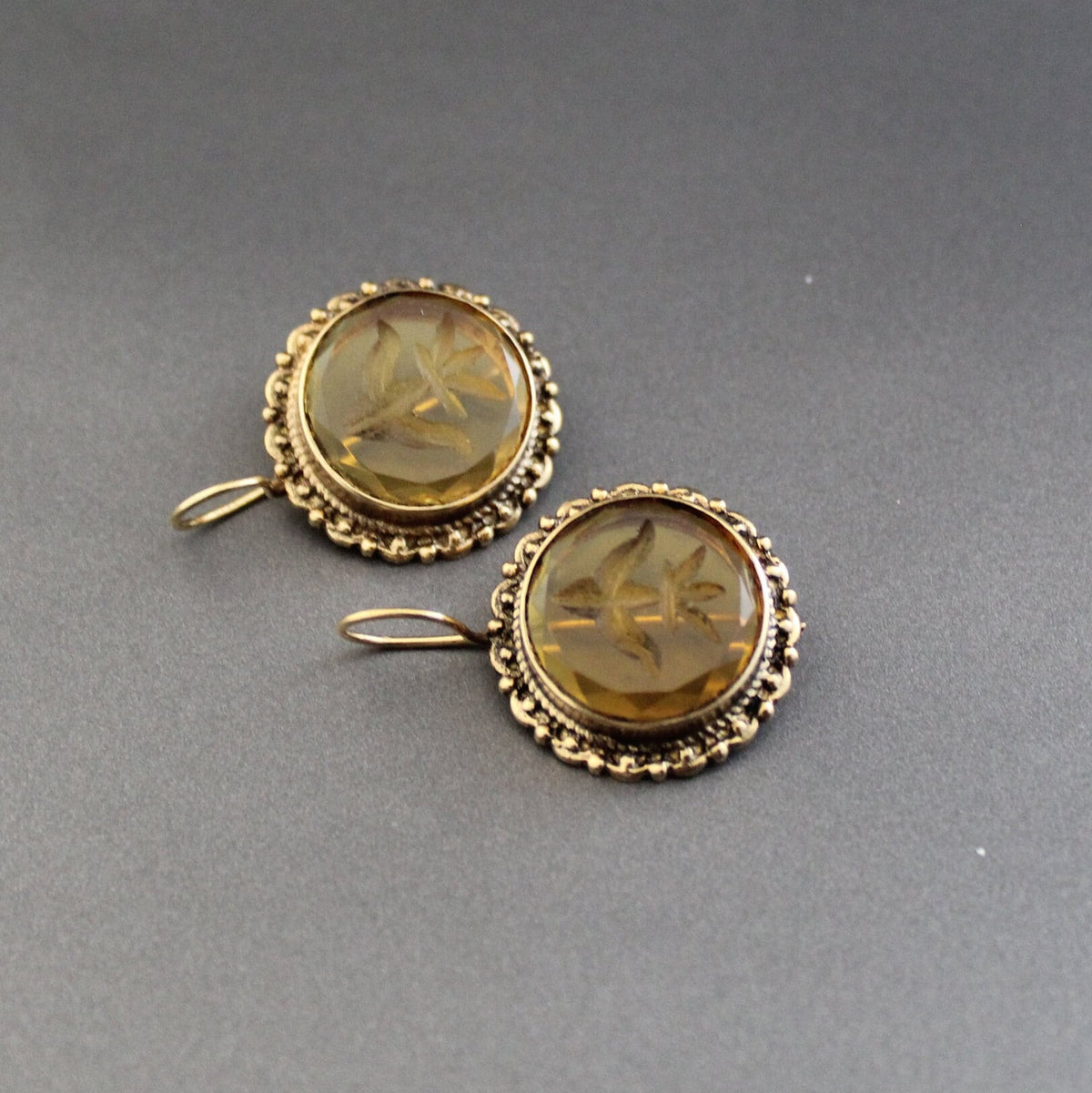 Yellow Intaglio Glass Earrings, Victorian Bridal Dangles, Brass