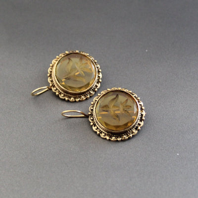 Yellow Intaglio Glass Earrings, Victorian Bridal Dangles, Brass