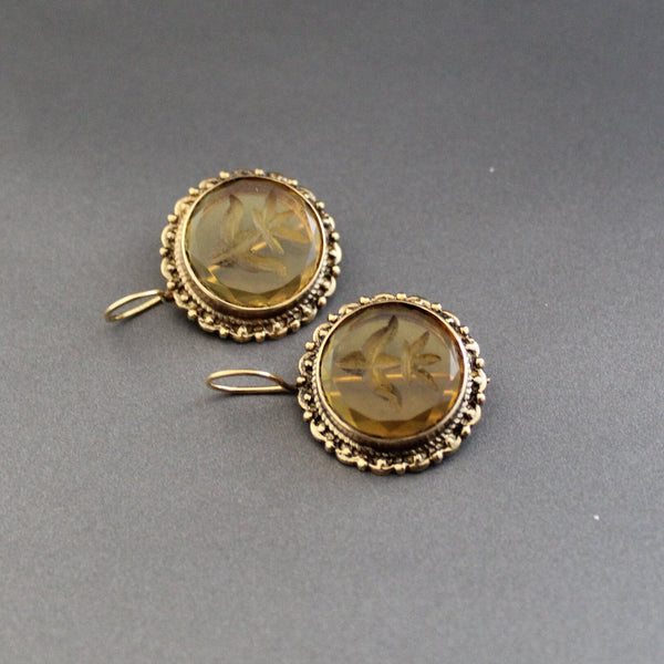 Yellow Intaglio Glass Earrings, Victorian Bridal Dangles, Brass