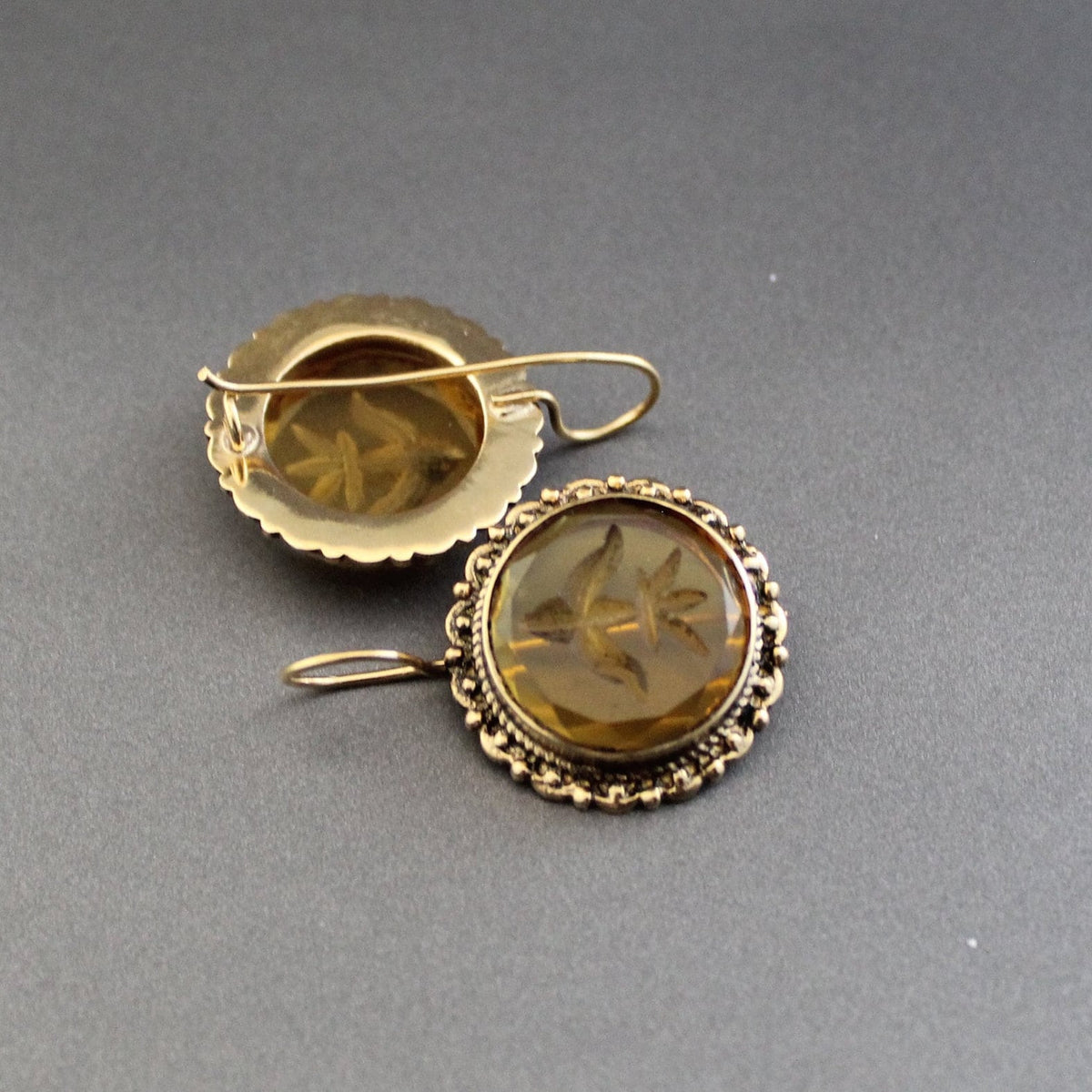 Yellow Intaglio Glass Earrings, Victorian Bridal Dangles, Brass, photo 2