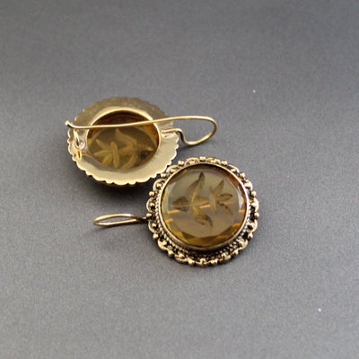 Yellow Intaglio Glass Earrings, Victorian Bridal Dangles, Brass, photo 2