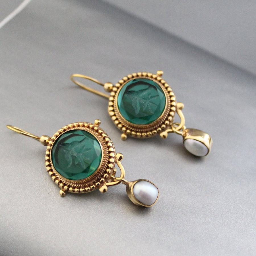 Green Glass Intaglio Earrings, Vintage Dangles, 14K Gold, photo 4